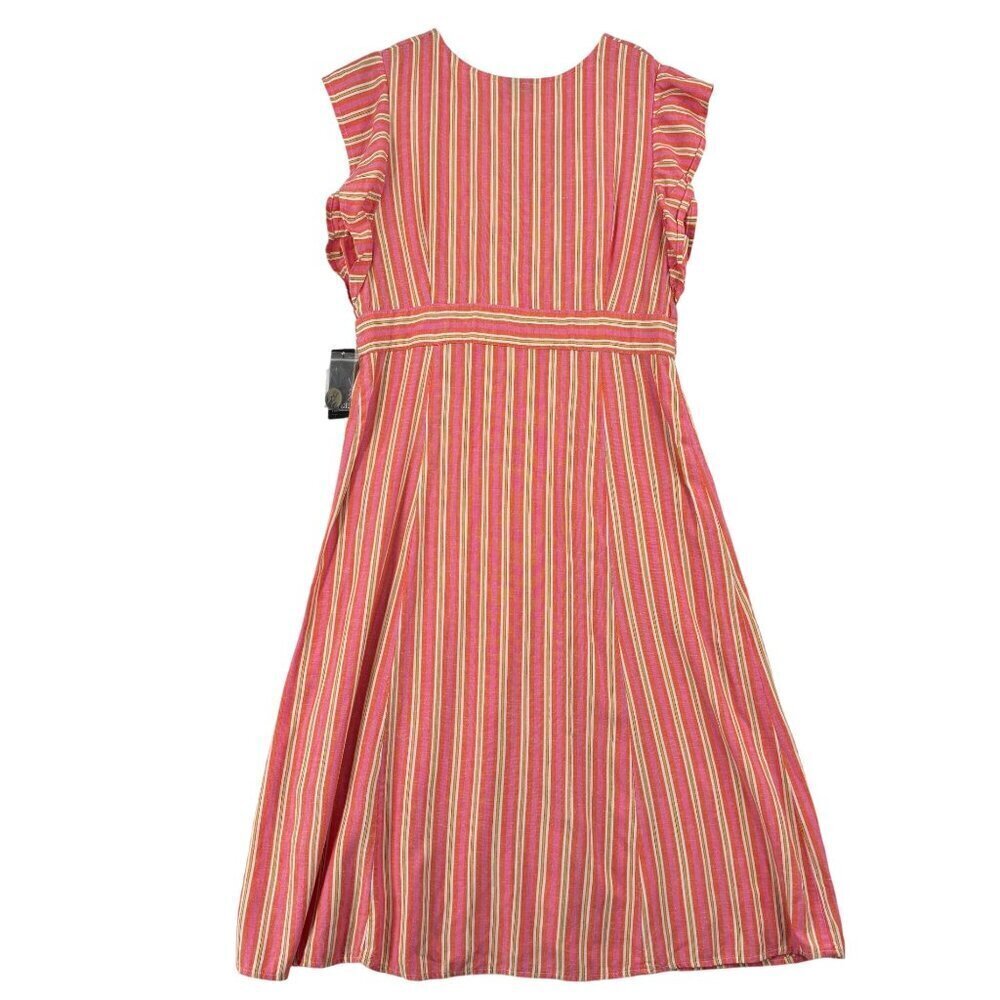 A.N.A Midi Shirt Dress Size L Pink Orange Stripe Linen Blend Button Up Cap Sleev - Picture 8 of 14